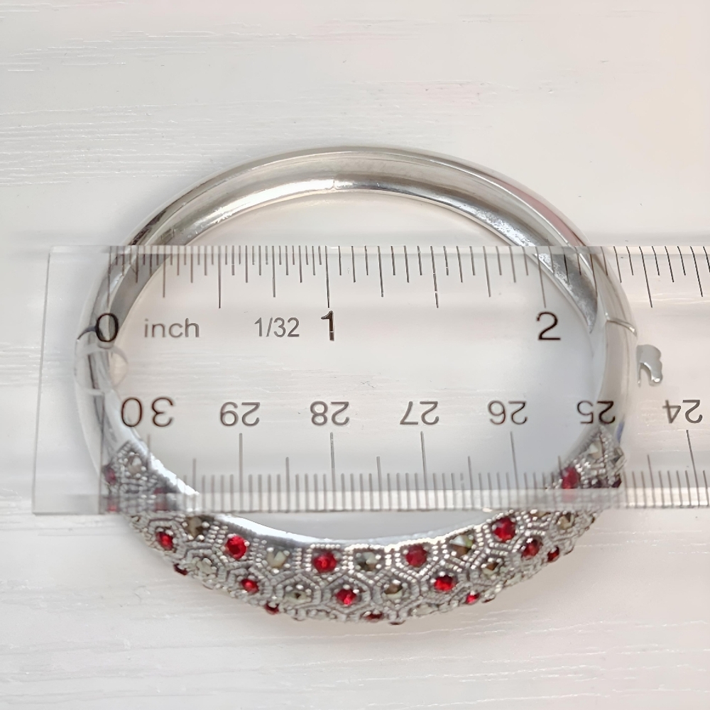 1930's Art Deco Sterling Silver Red Paste Rhinestone Marcasite Hinged Bracelet - Picture 5 of 16
